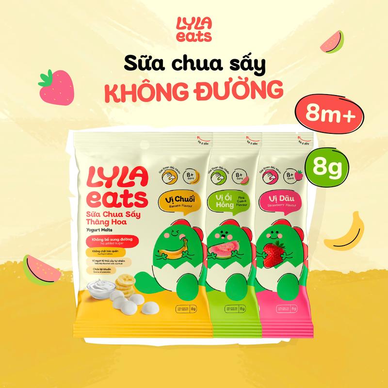 Sữa Chua Sấy Thăng Hoa Không Đường 3 Vị Dâu, Chuối, Ổi Lợi Khuẩn Cho Bé Túi 8g Lyla Eats
