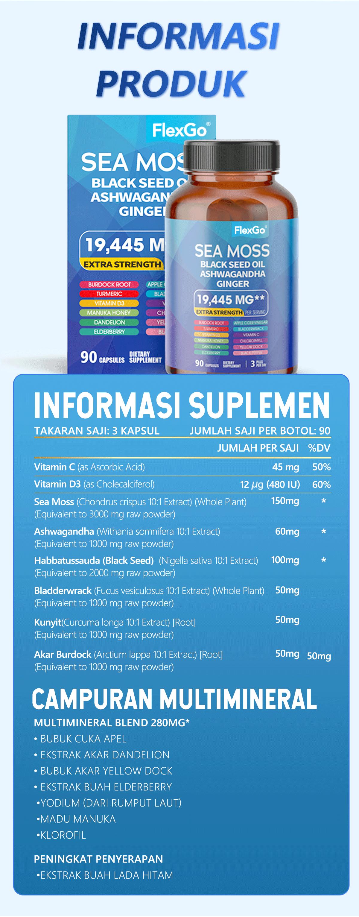 FLEXGO Sea Moss，Black Diamond Oil & Ashwagandha Capsules – Suplemen All-in-One untuk Energi，Tingkatkan Energi, Tidur Nyenyak & Turunkan Kortisol – FDA & GMP