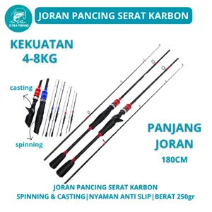 [D'Sea Fishing] Joran Pancing Serat Karbon Spinning/Casting 180cm EVA Anti Slip 2 Simpul 180m HGRZ-Q Merah Biru