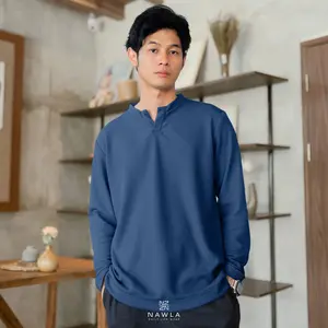 NAWLA - Waffle Shirt V Neck Atasan Pria Lengan Panjang