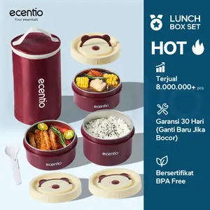 Ecentio Kotak Makan Siang Bulat 3Pcs Merah Anti Tumpah 304 Stainless Steel Tas Bekal  Aluminium BPA Free Garansi 30 Hari Kitchenware