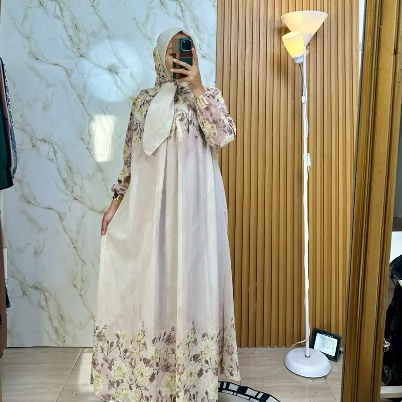Dewi Dress Set Hijab Ceruty Digital Printing Motif Printing Cantik & Elegan Bahan Ceruty Nyaman untuk Wanita Muslim Formal Lebaran - Syari, Pashmina, Mewah 3