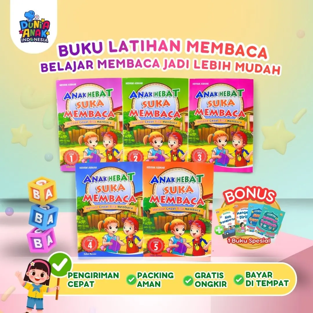 Paket Buku Belajar Membaca Anak PAUD TK - Metode Tanpa Mengeja - Jilid 1-5 - Anak Hebat Suka Membaca