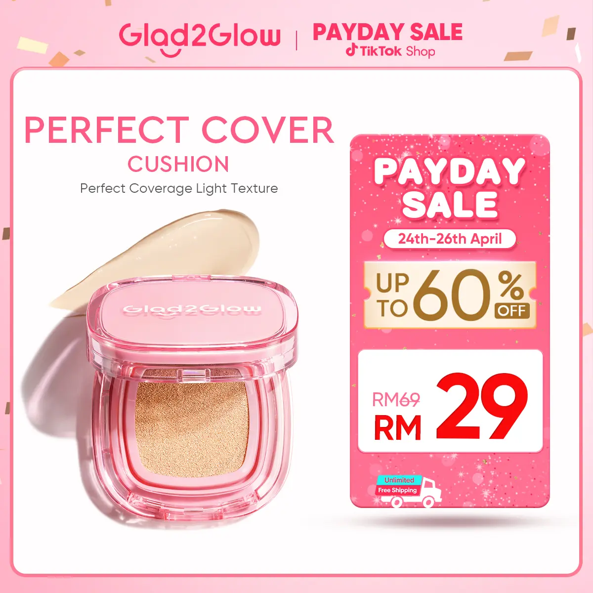 Glad2Glow Perfect Cover Cushion Semi-Matte Cushion Light Texture Without Dullness Stay Matte All Day