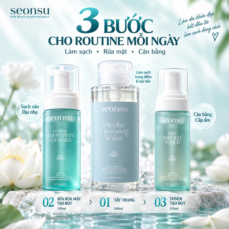 [Combo 3 Bước] Làm Sạch & Cân Bằng Da SEONSU – Tẩy Trang 500ml + Sữa Rửa Mặt Tạo Bọt 150ml + Toner Tạo Bọt 150ml