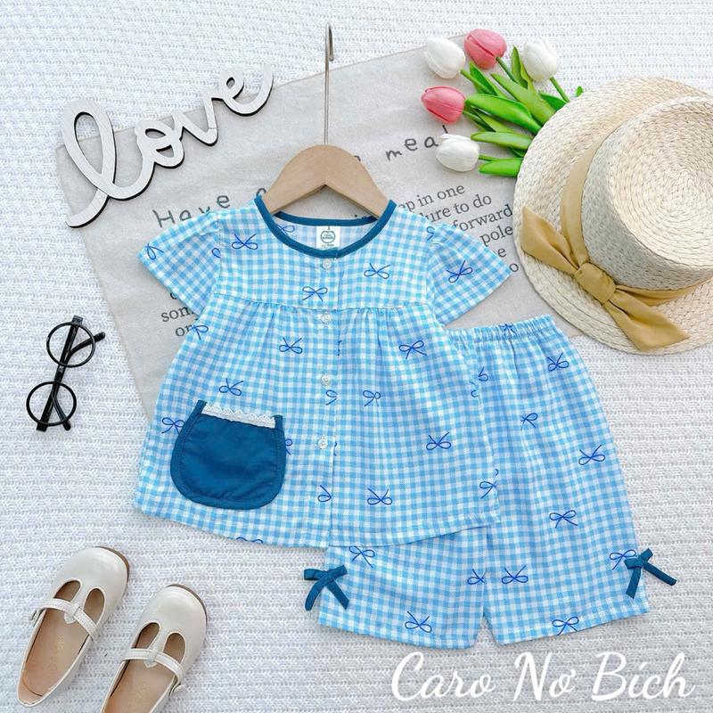 Đồ Bộ Bé Gái - Tay Búp Quần Lửng Họa Tiết Caro Nơ - Bộ quần áo Tole Loại 1 mềm mịn mát size 7-36 kg 7-8 năm đồ ngủ Voi đồ ngủ cho em bé gái set đồ bé gái