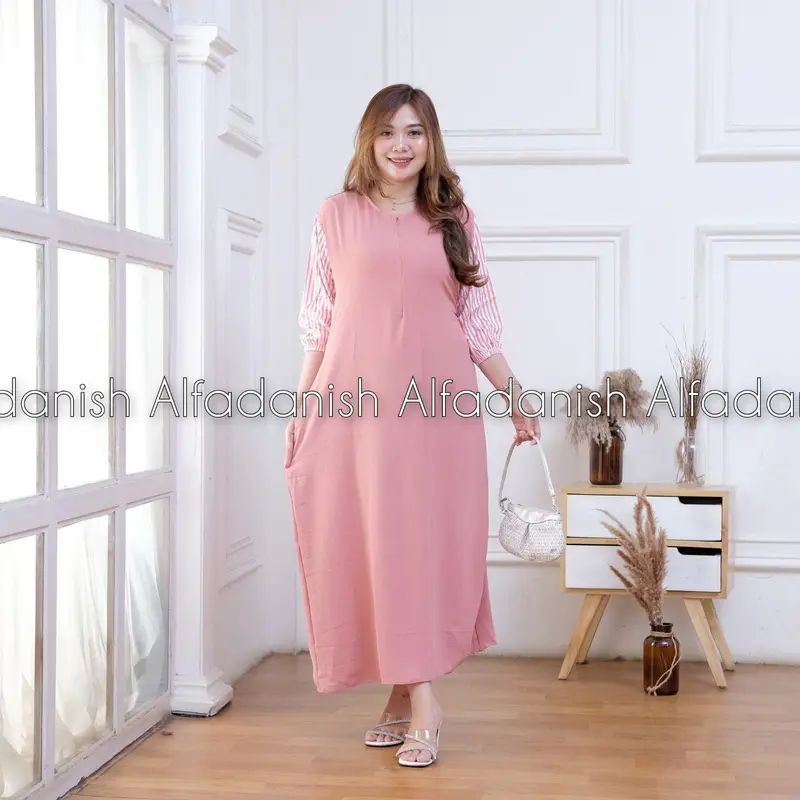 Nayla Dress Airflow Crinkle Kombinasi Rayon Premium Lengan 7/8 Resleting Busui Tali Samping Ibu Nyaman Panjang Tangan Casual Gaun Kaki Midi Gamis Basic Variasi Semata Midi Dress 6