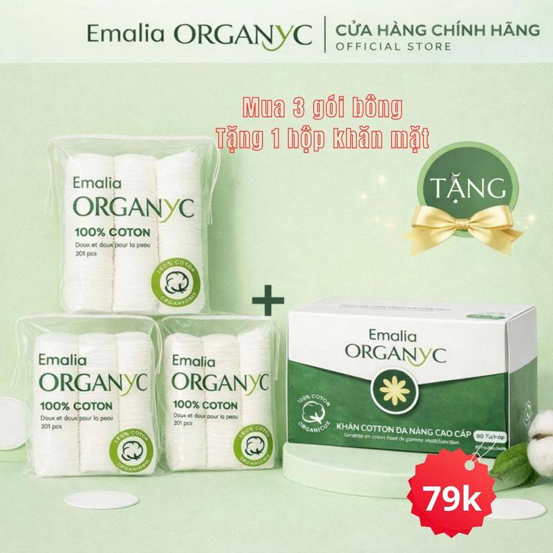    Mua 3 tặng 1 Khăn khô    Bông tẩy trang Emalia cotton tự nhiên mềm mại - 1 gói 201 miếng giúp trang điểm và Làm Đẹp Da hiệu quả của bộ Mỹ Phẩm CB3KK 