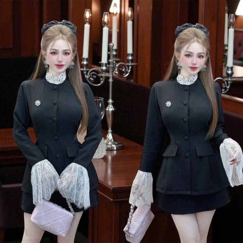 Set thiết kế sang chảnh CRAZYTEEN S6577 gồm áo kiểu dáng dài tay loe ren và chân váy dáng chữ a để đi chơi Áo kiểu nữ Chân váy nữ Tag cài Set đồ nữ đẹp