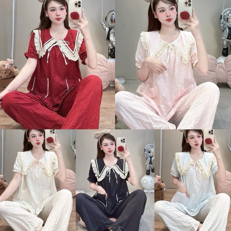 DEAL MỞ BÁN Bộ Ngủ Mặc Nhà JUSOKA Cổ Nhọn Ren Trắng Chất Đũi Gạo Siêu Xinh DU16 Dễ Thương - Dành Cho Nữ - Quần Áo Ngủ Women