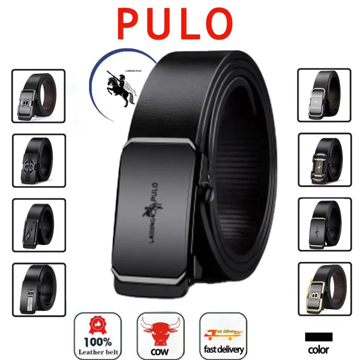 เข็มขัดหนัง PULO สำหรับผู้ชาย หัวเข็มขัดอัตโนมัติ สไตล์ธุรกิจเยาวชน คุณภาพสูง หนังแท้ C-003