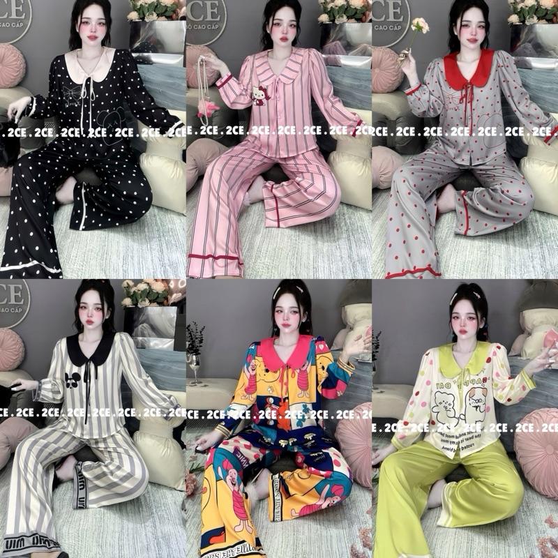 (FS 40-56KG) ĐỒ BỘ 2CE CỔ SEN TIỂU THƯ LỤA LATIN, CÓ TAY NGẮN VÀ TAY DÀI , PIJAMA NỮ MẶC NHÀ- Nữ Kem Women Áo Ngủ Quần Ngủ Nhung Voi Tim