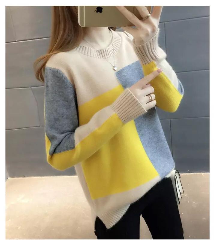 Product Introduction of ZANA Autumn and Winter Women's New Pullover Sweater Loose Korean Color Block Long Sleeve Knitted Bottom Top 9