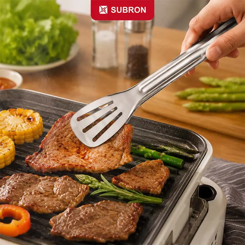 SUBRON Jepitan Multifungsi Stainless 9inch 12inch 14inch Capit Gorengan Salad Sayur Makanan BBQ Lubang Panjang Murah Gambar