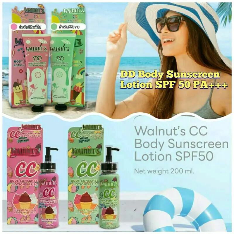 WALNUTS CC DD Body Sunscrean Lotion SPF 50 UVA UVB Protection Waterproof Oil Free Formula Thailand    Sunblock Mencerahkan