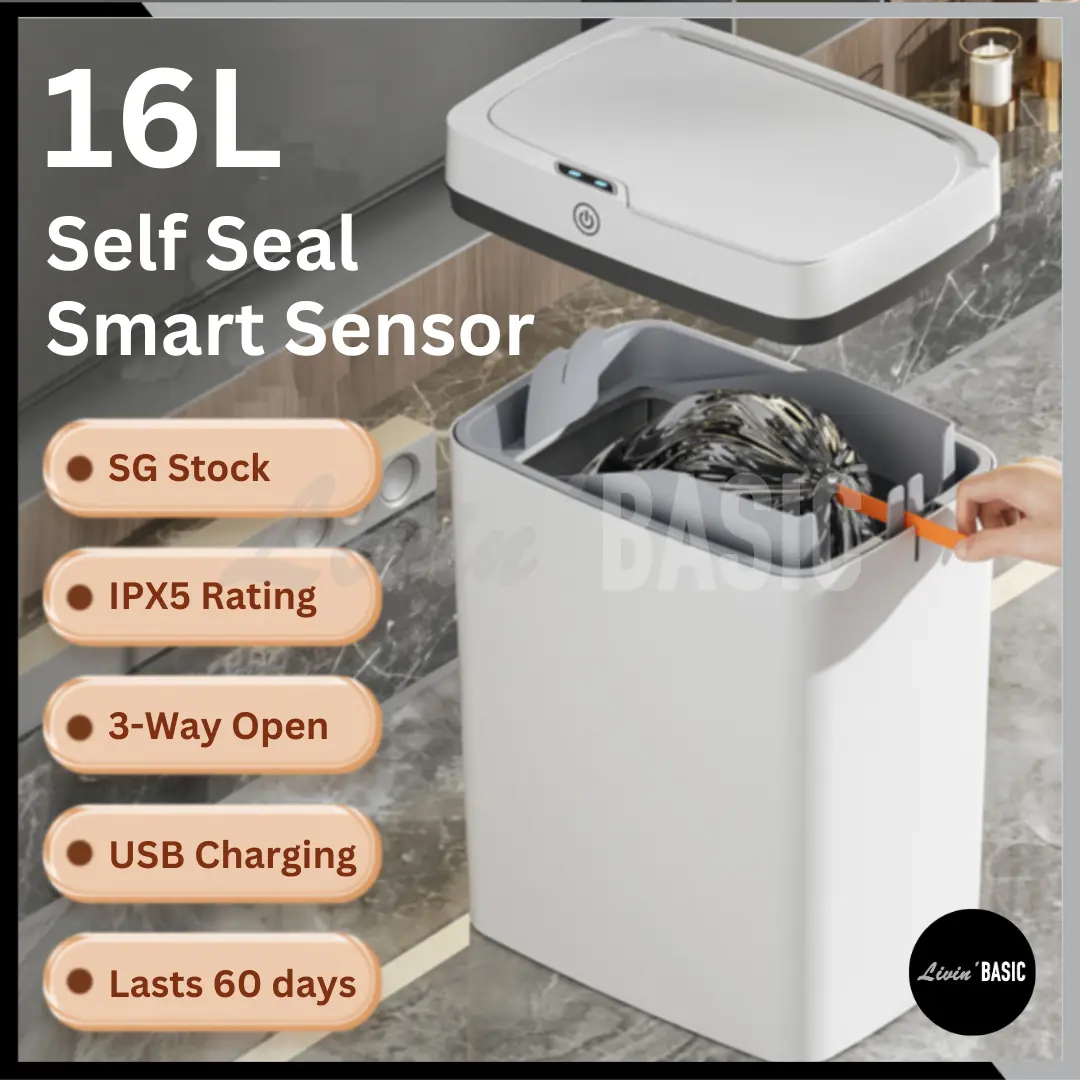 LIVINBASIC 16L Motion Sensor Bin Self Seal Smart Dustbin / Rubbish Bin / Waste Bin Automatic Trash Bin Singapore Big Large Capacity