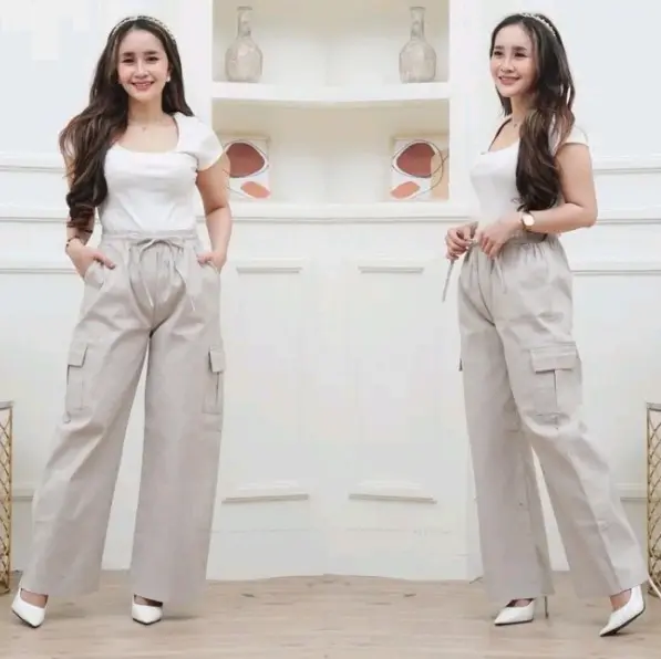 celana kulot cargo wanita Katun Linen Panjang Dewasa Kain Loose 2