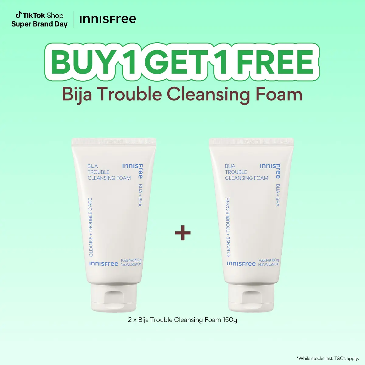 (26 - 28 Apr: Buy 1 Get 1 Free) INNISFREE Bija Trouble Cleansing Foam 150g Duo
