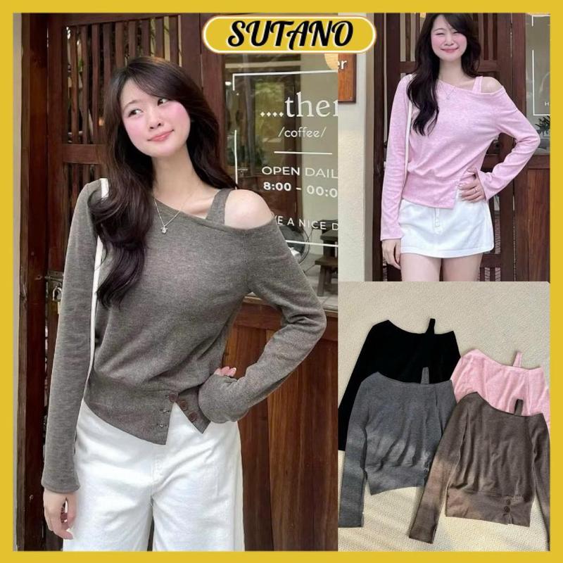  Áo thun len lông thỏ dài tay trễ vai phối viền xẻ xúc phong cách Hàn Quốc A89 SUTANO 
