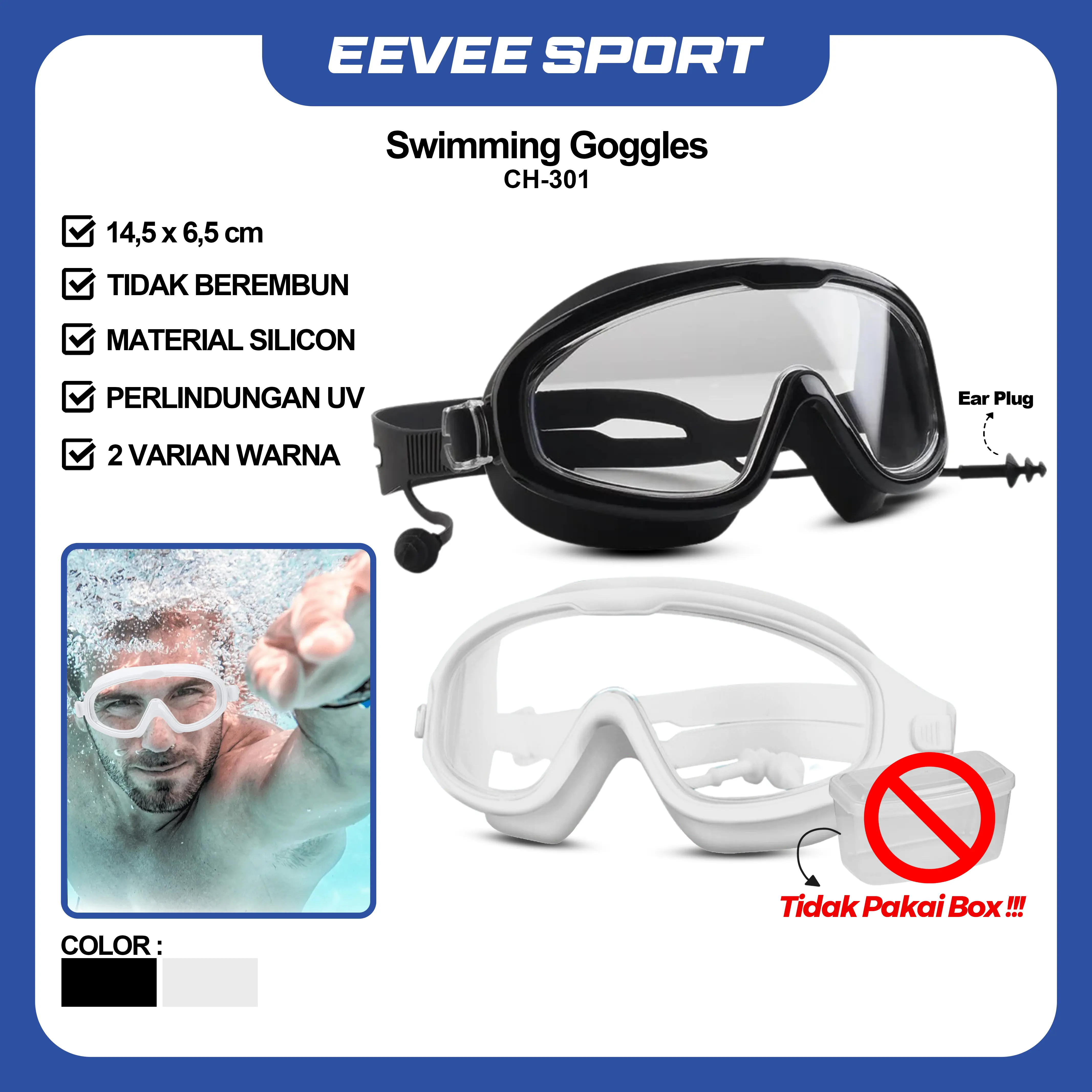CHAMPS CH-301 Swimming Goggles With Ear Plug Kacamata Renang Sport | Swimming Glass Anti Fog Kabut Embun Sporty | Adjustable Elastis Anti UV | UV Protection Big Frame | Kaca mata Renang Lebar Dengan Penutup Telinga | Olahraga