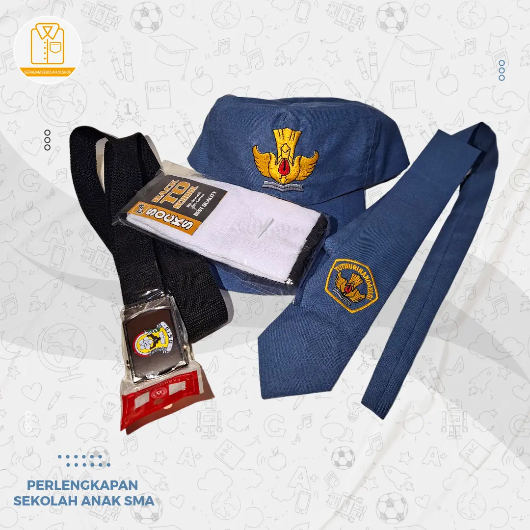 topi sma // set perlengkapan sma, topi abu abu sma gesper kaus kaki dan dasi sma bordir tut wuri Seragam