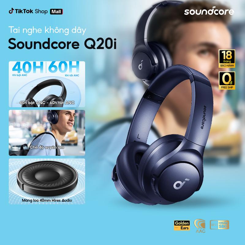 Tai nghe bluetooth chụp tai Soundcore Q20i | Âm thanh Hi-res | Màng loa 40mm| Xuyên âm| Dịch thuật AI trên App | 60 giờ phát nhạc- Tai nghe không dây headphone chụp tai-Bảo hành 18 tháng- Hàng chính hãng