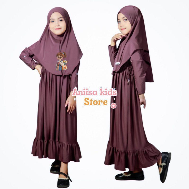 Aniisa Kids Store Baju Gamis Anak Serut Pinggang Free Hijab Usia 0-9 Tahun Sablon Gadis Kacamata Lucu untuk Anak Perempuan