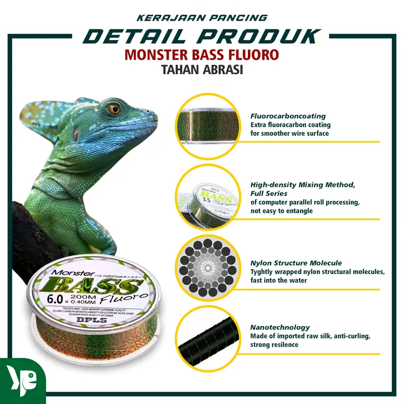 Kerajaan Pancing Tali Pancing Bass FLUOROCARBON 200M Hijau Lumut Bahan Nilon 8