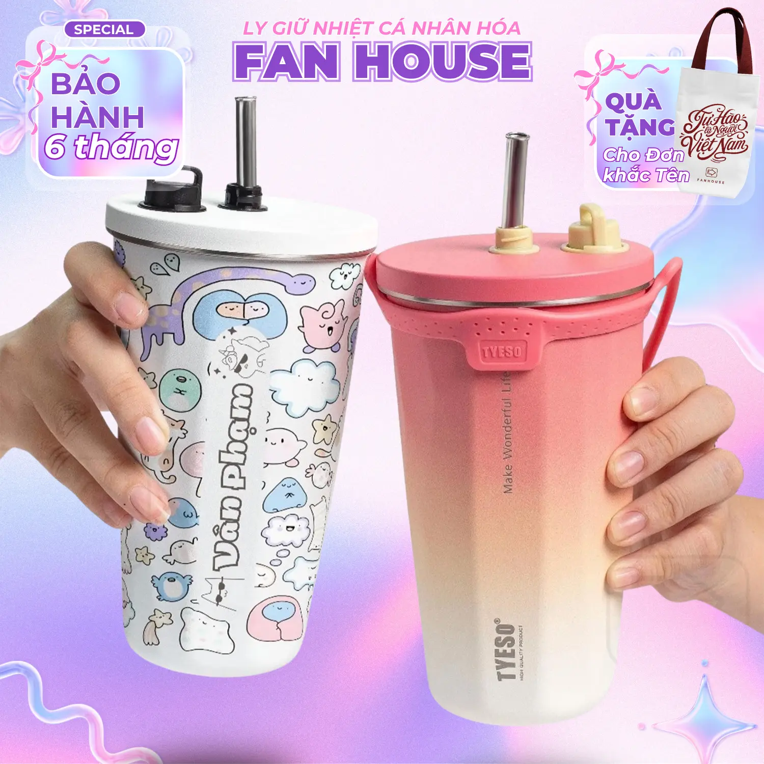 [Tặng Túi Canvas Khi Khắc Tên] FANHOUSE Ly Giữ Nhiệt Tyeso Wonder 600ml Inox 304 Khắc Tên Theo Yêu Cầu Dung Tích 600ml Giữ Nhiệt 12h Fan House