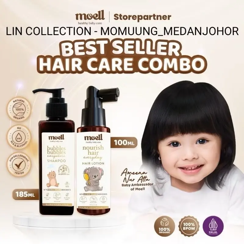 Moell Hair Care - (Shampoo 185ml & Hair Lotion 100ml) - Hair Care with Panax Ginseng, Kemiri, Biotin - Perawatan Rambut Bayi & Anak pikaru kondisioner sakura anti-ketombe Travel Smooth shampoo non rambut rontok Smoothing Keratin Haircare sampo penumbuh
