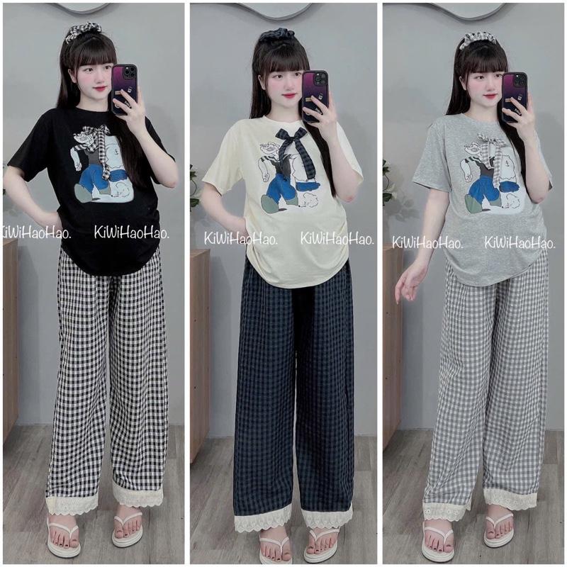 (ÁNH TUYẾT- ĐỒ BẦU) Bộ bầu - bộ sau sinh - BỘ QUẦN ÁO COTTONG HÌNH NGỰA QUẦN KẺ - 3 Màu,Quần Có Chun Chỉnh