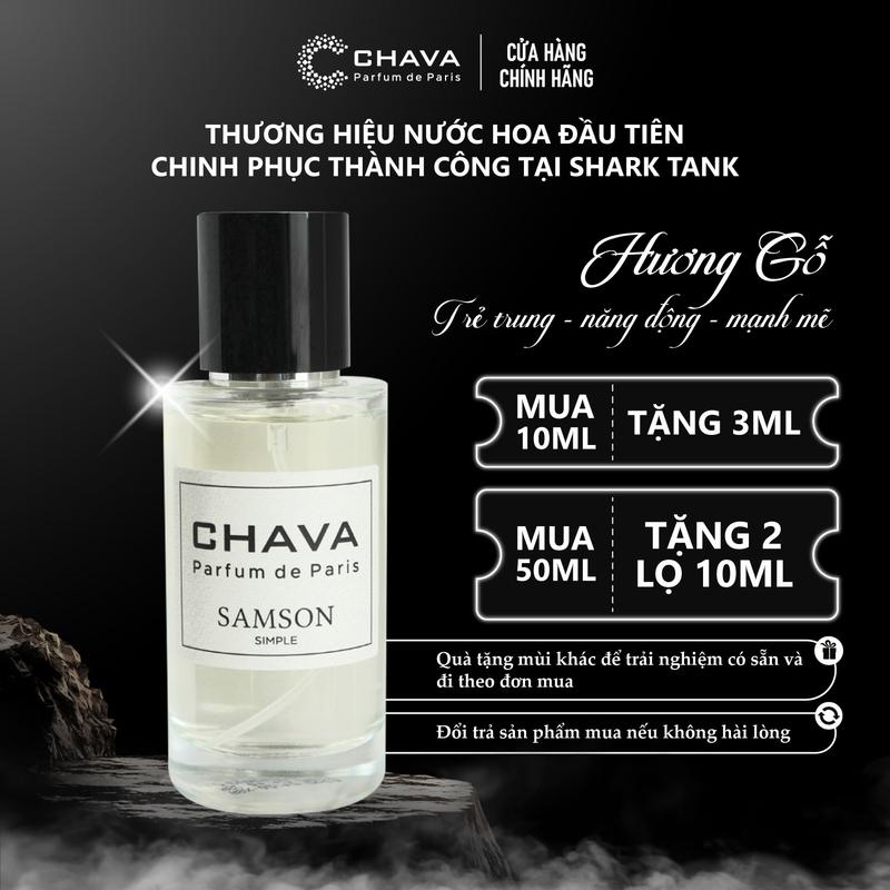[Nước Hoa Nam Trẻ Trung, Năng Động] CHAVA SIMPLE SAMSON - Mùi Hương Tươi Mát, Gỗ Nồng Ấm, Mạnh Mẽ & Quyến Rũ - Phong Cách Năng Động, Cá Tính, Tự Tin - Chính Hãng, Lưu Hương Lâu 6-8h/Da & 3-4 Ngày/Quần Áo, Perfume Xịt Thơm
