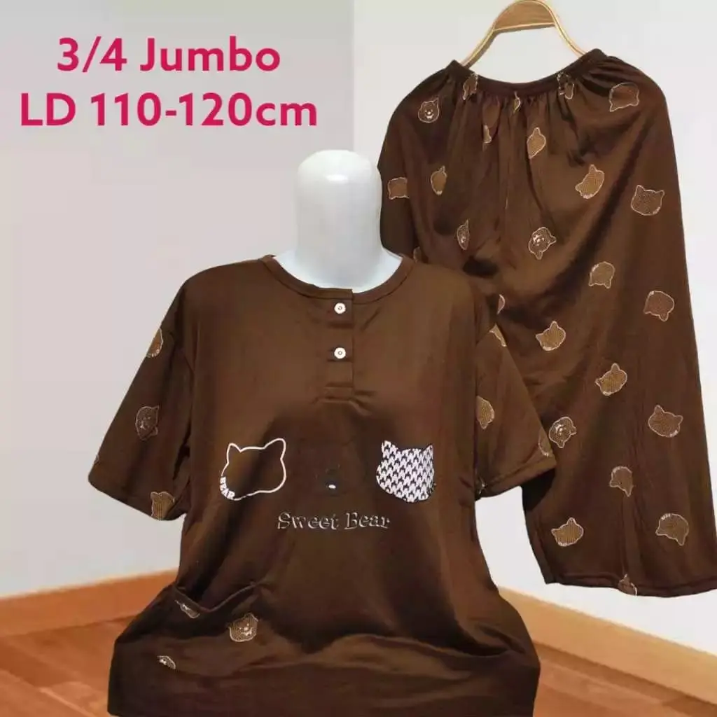 Setelan Baju Tidur Kaos Celana 3/4 Jumbo Big Size Babydoll Wanita 3XL LD 108-120cm COD Polos Bunga Busui Kancing