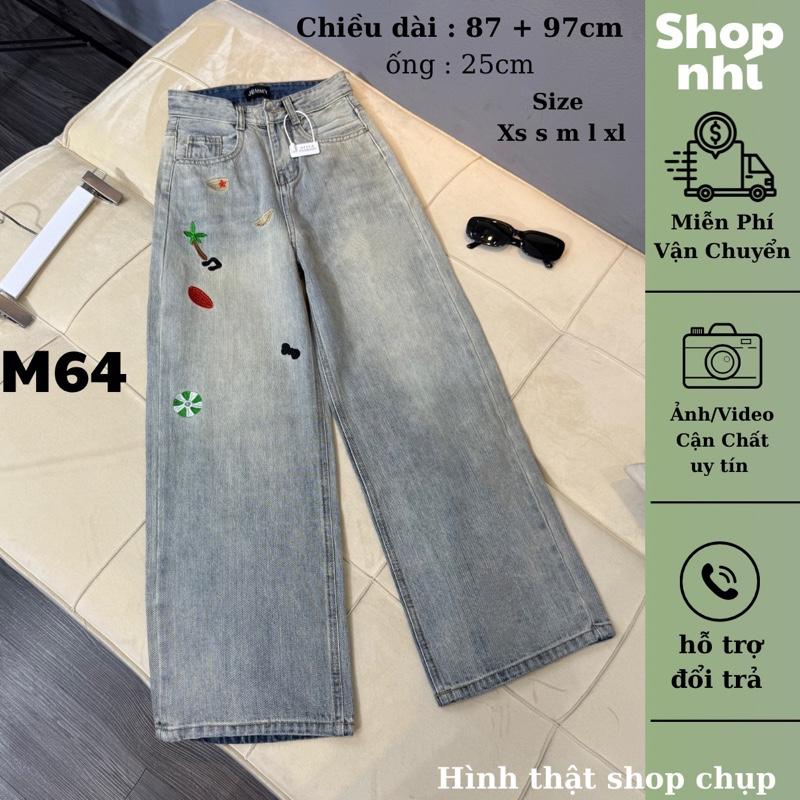 Quần jean nữ ống suông rộng QC thêu nấm dài 87cm + 97cm size XS XL Shop Nhí M64