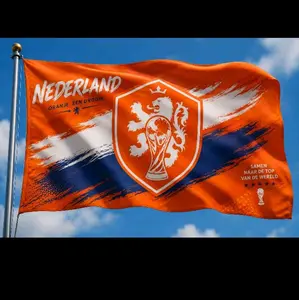 Bendera Custom Piala Dunia Netherlands Big Logo Warna Khas Oranye UK 80*120 Matt Polyster Premium untuk Penggemar