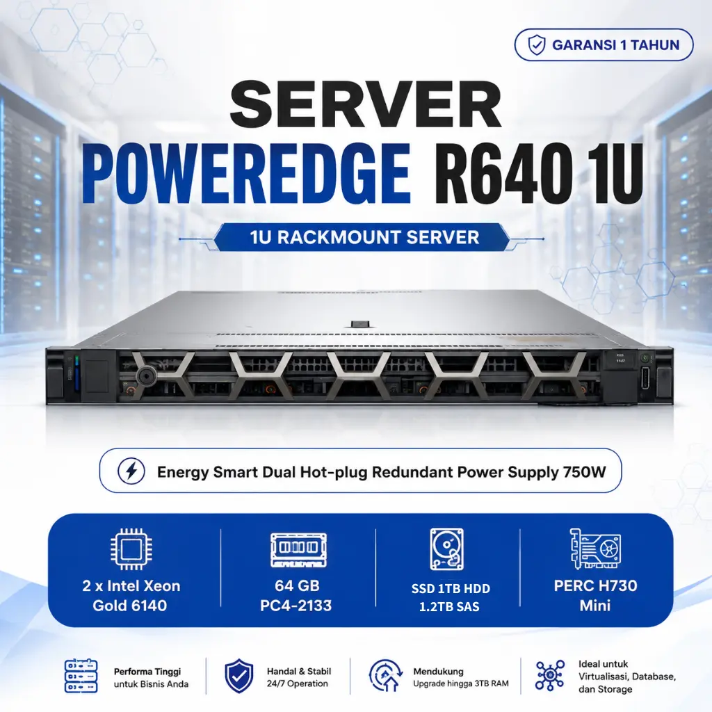 Server 1U PowerEdge R640 1U Dual Xeon Gold 6140 RAM 64GB ECC HDD SAS 1.2TB PERC H730 Garansi 1 Tahun