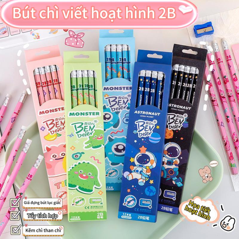 Hộp bút chì hoạt hình 12 chiếc 2B, thích hợp cho trẻ em viết, vẽ, phác thảo, bộ bút học tập độc đáo và tiện lợi
