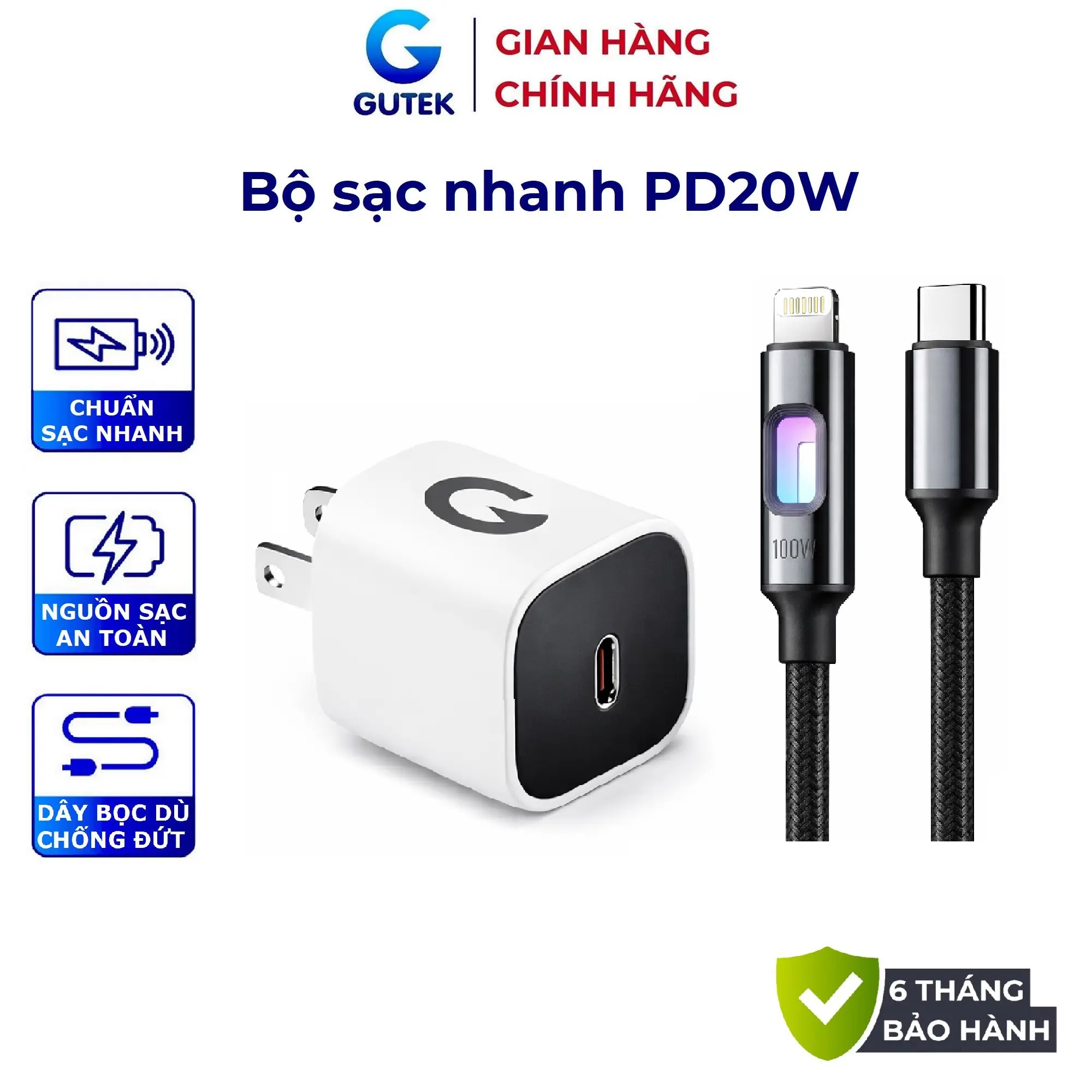 Bộ sạc nhanh PD20w củ cốc sạc cổng type-c kèm dây bọc dù chống đứt - Gutek S24