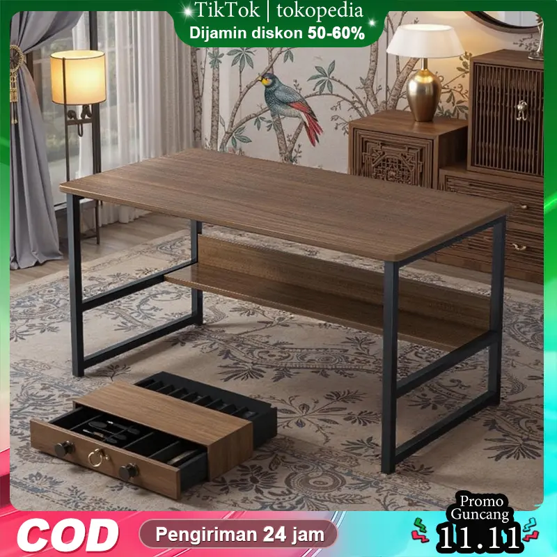 toko-[AK]Meja belajar, meja komputer, meja keluarga, meja makan keluarga, putih, primwood, kecoklatan, meja lebar untuk menyimpan rak 120*45*73CM Furniture