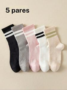 5 Pares/10 Pares de Calcetines a Media Pantorrilla con Rayas, Cómodos y Absorbentes de Sudor para Uso Casual, Diseño Ajustado para Todas las Estaciones, Grosor Moderado del Material