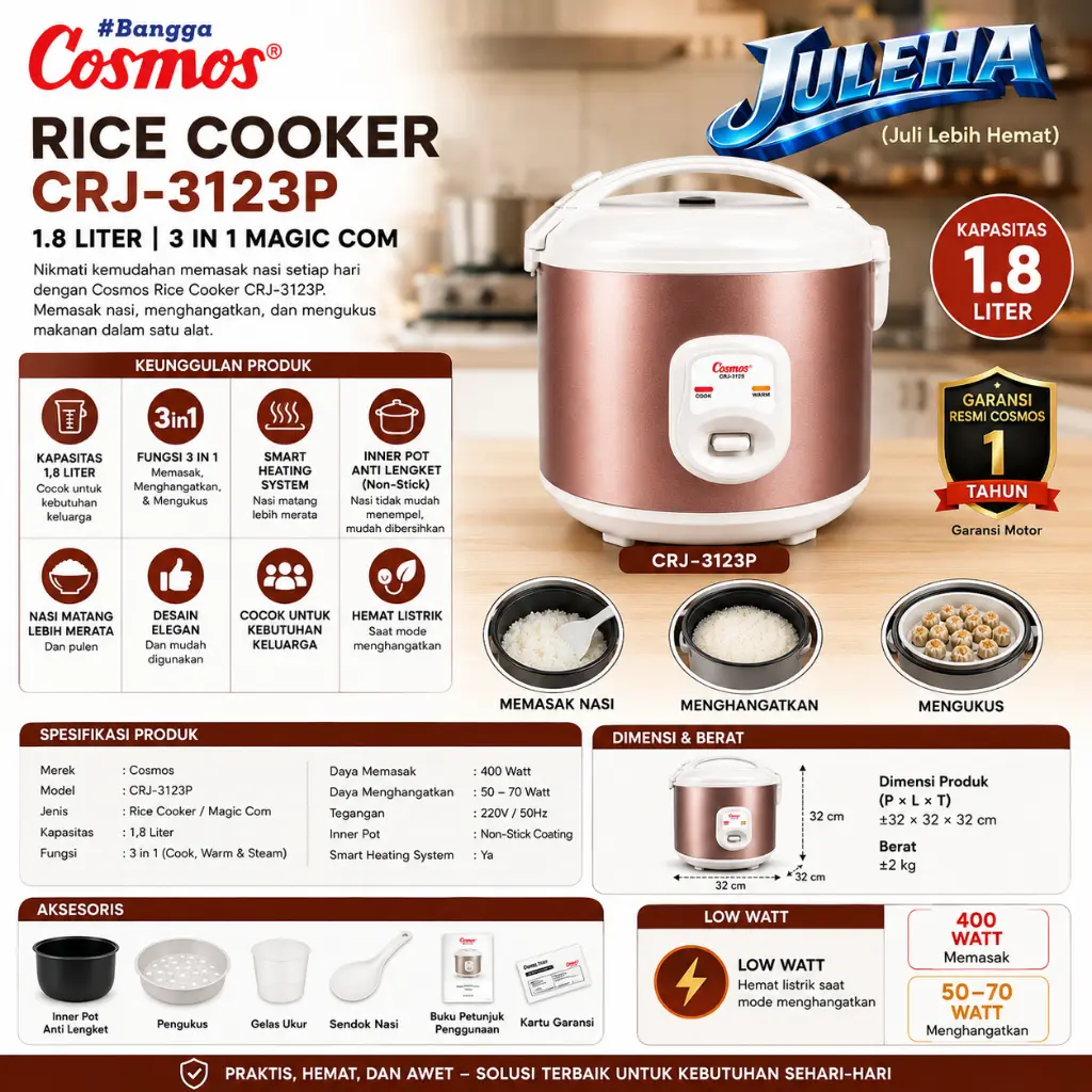 Cosmos Rice Cooker CRJ-3123P 1.8 Liter 3 in 1 Magic Com Low Watt – Penanak Nasi, Penghangat & Pengukus