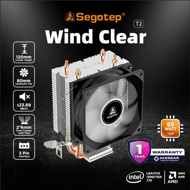 SEGOTEP Wind Clear T2 (Intel/AMD Single Tower 2Heatpipe Air Cooler)