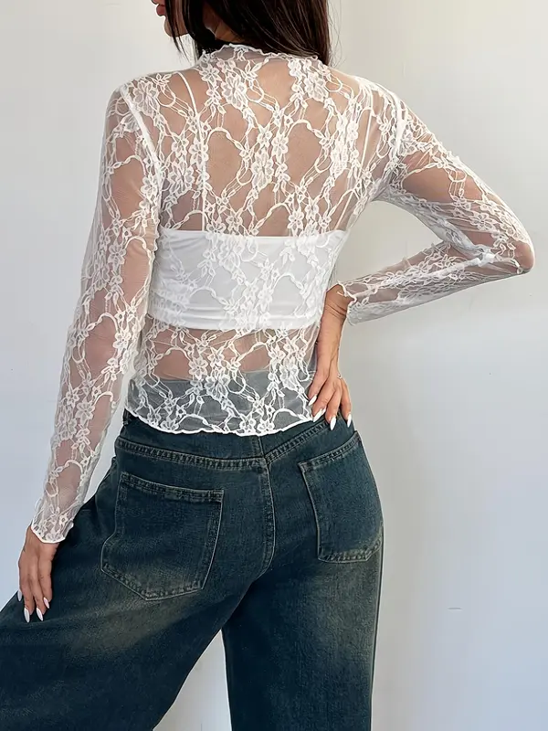 Women's Floral Lace  Top, Elegant Fashion Casual Long Sleeve Top for Daily Outdoor Wear, Women Top Clothes for Summer 1