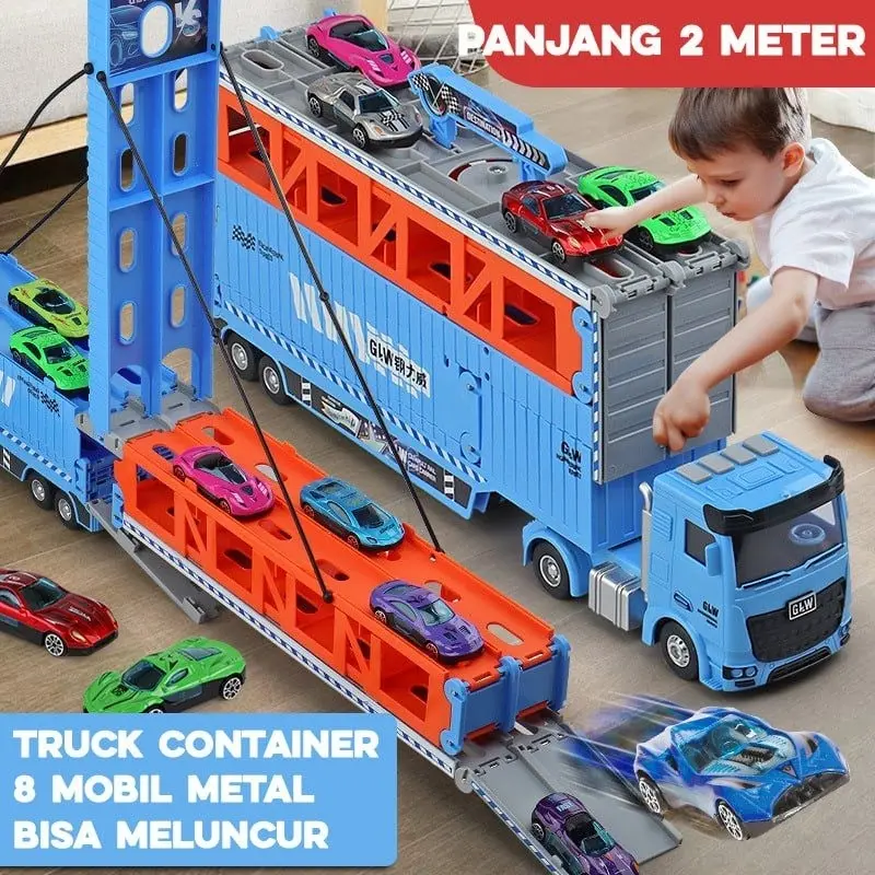 [capt] Mainan Anak Kendaraan Mainan Mobil Truk Container Deformasi Rel Balap Mobil - Container Car Catapult 2