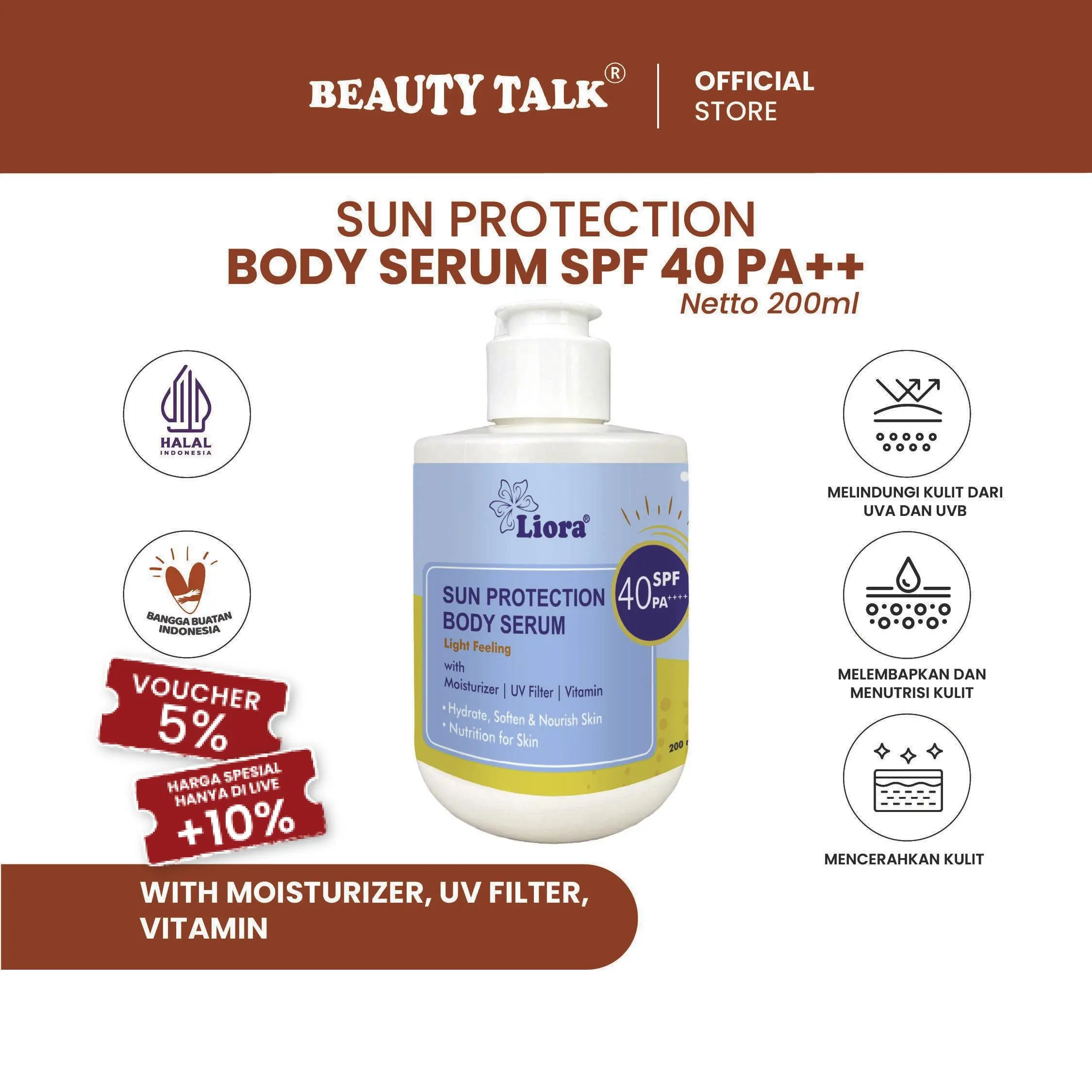 LIORA Sun Protection Body Serum SPF 40 PA++++ 200 ML | Sunscreen Lotion Badan Anti UV dengan Perlindungan Harian yang Maksimal