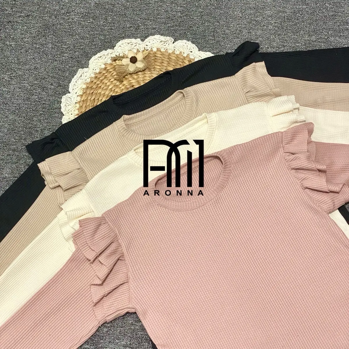 ￼FIRA KOREAN BLOUSE - RUFFLE PUNDAK atasan rajut  Wanita Waffle Top Panjang Cantik
