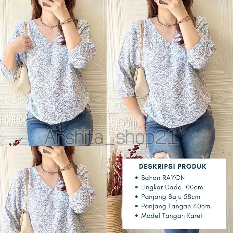 HANA [01] BLOUSE || [B01101] ATASAN WANITA TERLARIS BAHAN RAYON PREMIUM BLOUSE KEKINIAN LEHER V SIMPLE ELEGAN TANGAN 7/8 KARET MOTIF TERBARU