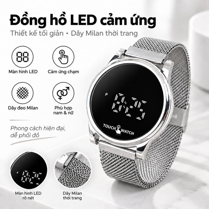 Đồng hồ điện tử LED hình tròn, phong cách thời trang và tối giản, thiết kế tinh xảo, phù hợp cho cả nam và nữ, được trang bị dây đeo kiểu Milan và màn hình cảm ứng, là mẫu đồng hồ thịnh hành đang được săn lùng ráo. donghou ytin chat luong