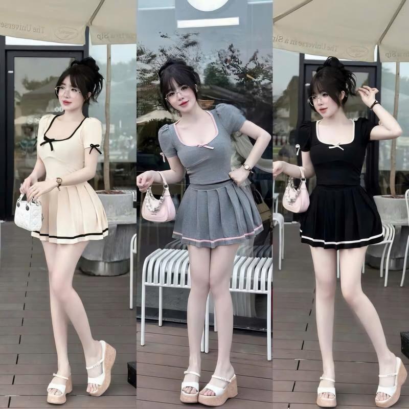 Set Váy Rời Chất Tăm Hàn Áo Cổ Chữ U Dáng Ôm Body Nơ Nổi Mix Chân Váy Xòe Xếp Ly Cạp Chun Có Bảo Hộ Chạy Viền Top Women Trend By TH STORE