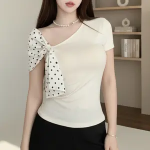 [TTEUDA] Top Bodysuit Variasi Scarf Polkadot Elegant | Atasan Wanita Lengan Pendek Polkadot Scarf | T-shirt Wanita Variasi Pita Polkadot Silk Scarf (HAM)